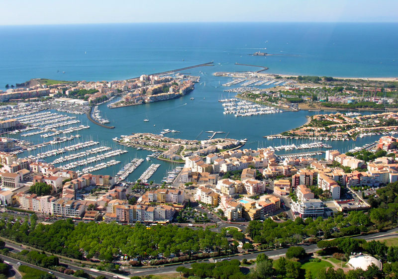 Aerial view of Cap d'Agde where the Hotel La Voile d'Or is located